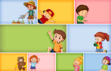Farklı arkaplan resimlerinde farklı çocuk karakterleri kümesi