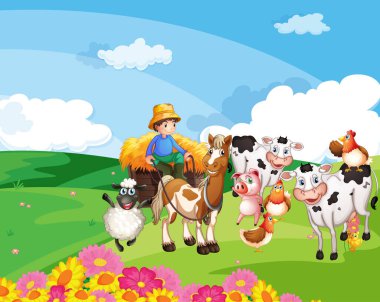 Hayvan çiftliği karikatür stili illüstrasyonlu çiftlik sahnesi