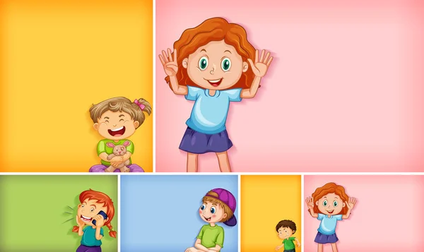 Conjunto Diferentes Personajes Infantiles Diferentes Ilustraciones Fondo Color — Vector de stock