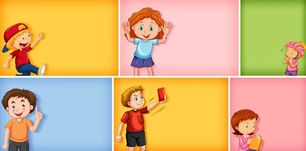 異なる色の背景イラスト上の異なる子供の文字のセット — ストックベクタ