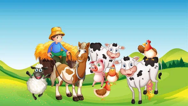 Bauernhofszene Mit Animal Farm Cartoon Stil Illustration — Stockvektor