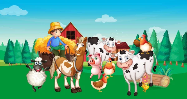 带有动物农场卡通风格插图的农场场景 — 图库矢量图片