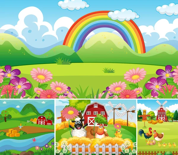 Set Different Farm Scenes Animal Farm Rainbow Cartoon Style Illustration — Stock Vector