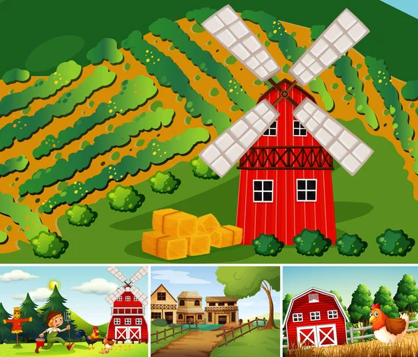 Conjunto Diferentes Escenas Granja Ilustración Estilo Dibujos Animados — Vector de stock