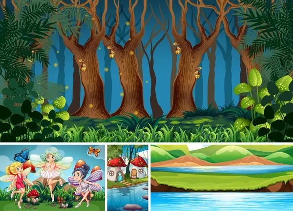 Four Different Scene Fantasy World Fantasy Places Fantasy Characters Fairies — Stock Vector