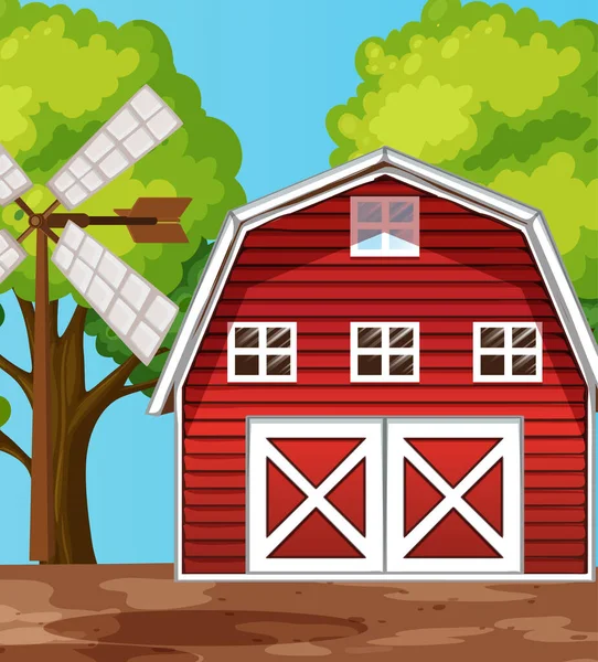 Boerderij Scene Natuur Met Schuur Windmolen Illustratie — Stockvector