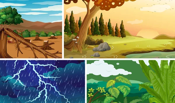 森林卡通画风格的四个不同的自然灾害场景 — 图库矢量图片