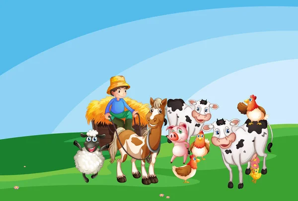 Escena Granja Con Granja Animales Cielo Blanco Ilustración — Vector de stock