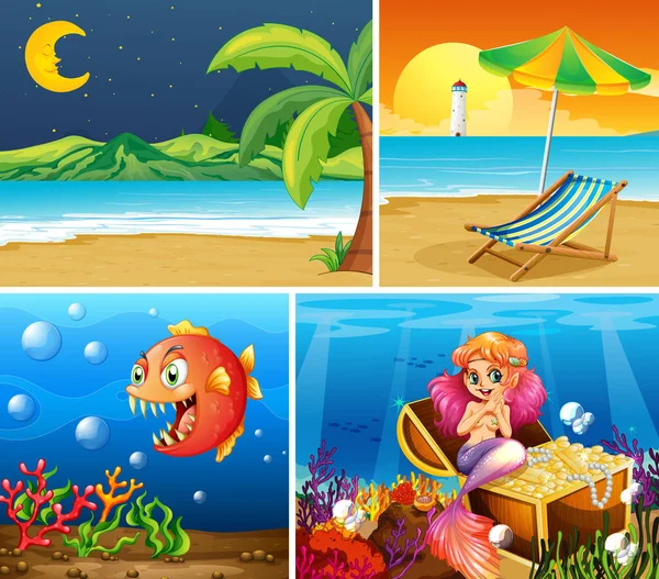 Cuatro Escenarios Diferentes Playa Tropical Sirena Bajo Agua Con Ilustración — Archivo Imágenes Vectoriales