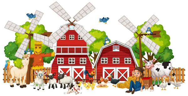 Windmühle Mit Tierfarm Isolierte Illustration — Stockvektor