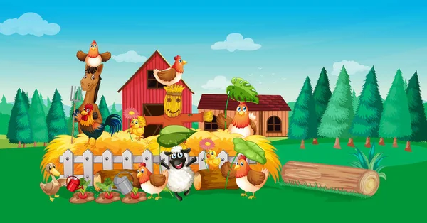 Farm Scene Animal Farm Cartoon Style Illustration — Stock Vector
