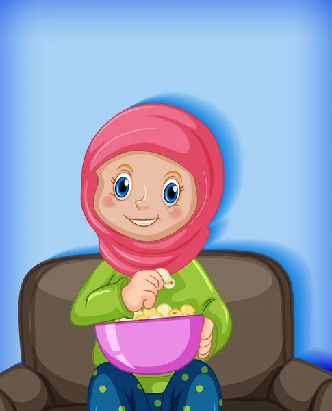 Chica Musulmana Comiendo Palomitas Maíz Ilustración — Archivo Imágenes Vectoriales