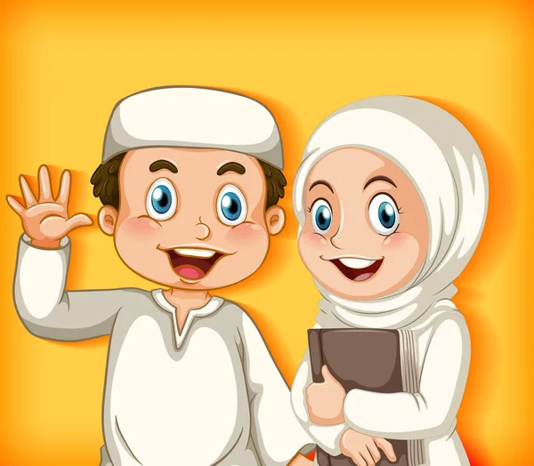 Renkli Arkaplan Çizimi Üzerine Mutlu Müslüman Çift — Stok Vektör