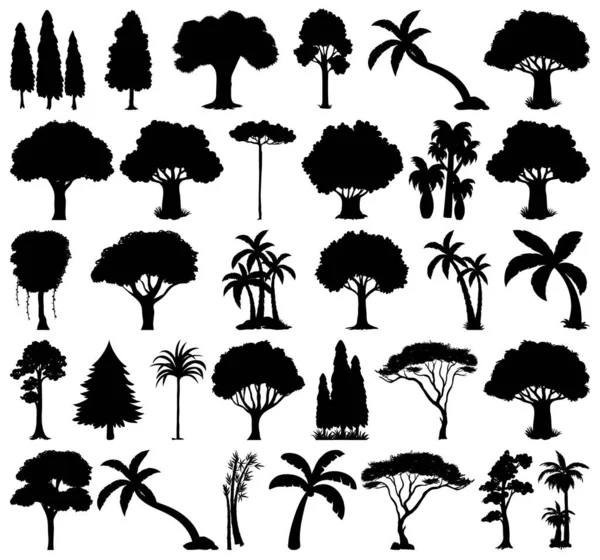 Set Van Planten Bomen Silhouet Illustratie — Stockvector