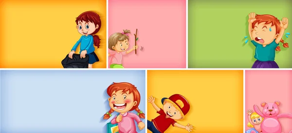 Set Different Kid Characters Different Color Background Illustration — Stock Vector