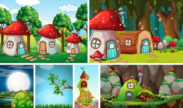 Six Different Scene Fantasy World Fantasy Places Fantasy Characters Mushroom — Stock Vector