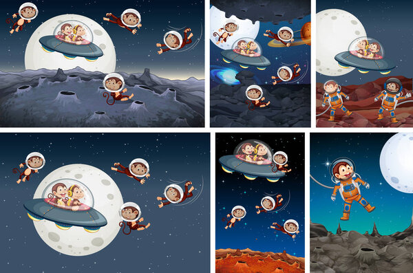 Set of monkey exploring space illustration