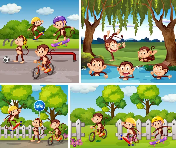 Set Monkey Different Background Illustration — Stock Vector