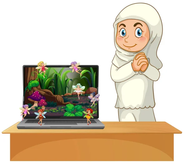 Muszlim Lány Mellett Laptop Mesebeli Háttér Illusztráció — Stock Vector
