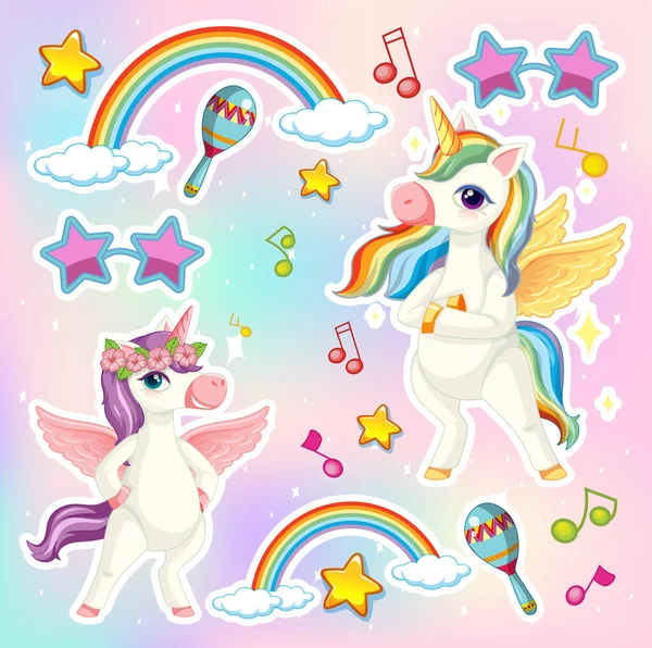 Ensemble Licorne Pégasus Avec Icône Thème Musical Isolé Sur Illustration — Image vectorielle