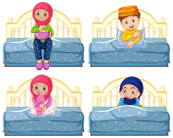 Set Arabischer Muslimischer Kinder Traditioneller Kleidung Die Auf Einem Bett — Stockvektor