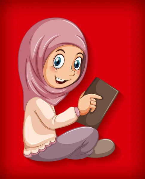 イスラム教徒の少女は 本のイラストを読む — ストックベクタ