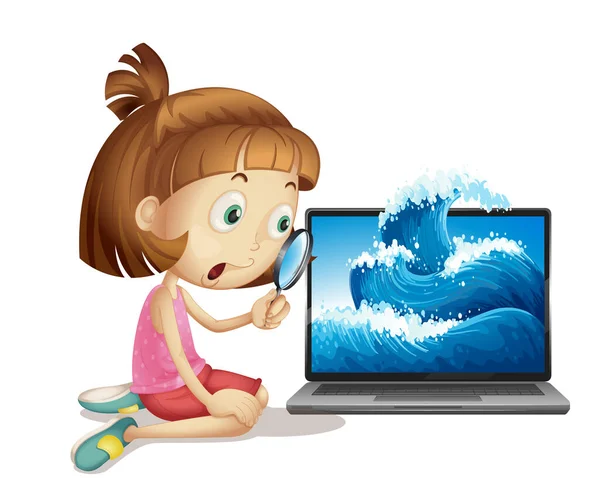 Menina Lado Laptop Com Onda Tela Fundo Ilustração — Vetor de Stock