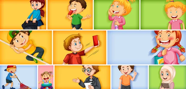 Conjunto Diferentes Personajes Infantiles Diferentes Ilustraciones Fondo Color — Vector de stock