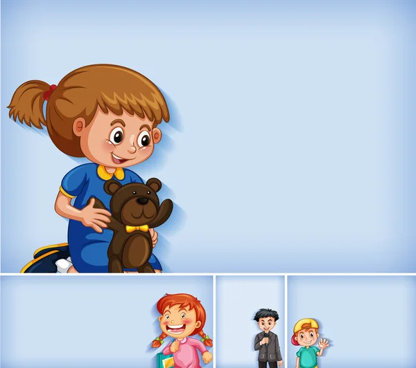 Set Von Verschiedenen Kinderfiguren Auf Blauem Hintergrund Illustration — Stockvektor