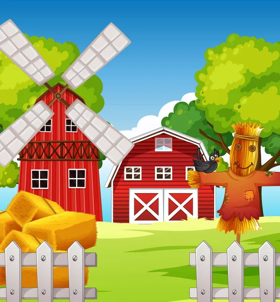 Farm Scene Nature Barn Scarecrow Windmill Illustration — Stock Vector