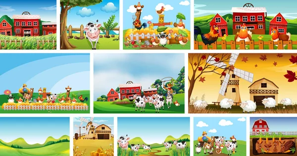 Állítsa Különböző Farm Jelenetek Állatfarm Rajzfilm Stílus Illusztráció — Stock Vector