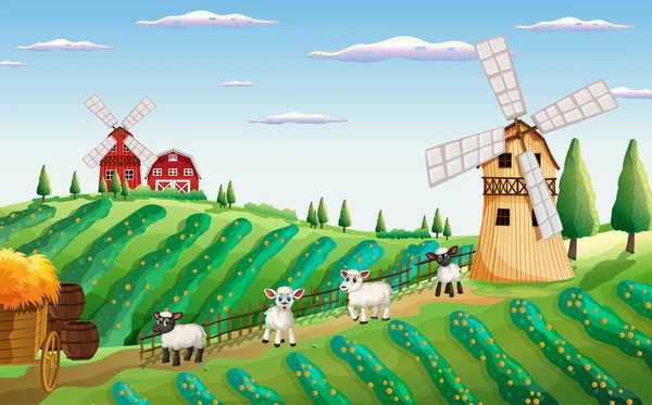 Сцена Фермы Природе Ветряной Мельницей Овцами Иллюстрации — стоковый вектор