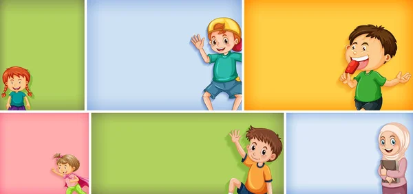 Set Different Kid Characters Different Color Background Illustration — Stock Vector