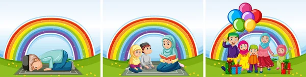 Set Van Arabische Moslim Families Traditionele Kleding Regenboog Achtergrond Illustratie — Stockvector