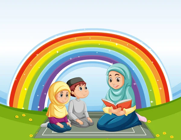 传统服饰中的阿拉伯穆斯林家庭和彩虹背景图解 — 图库矢量图片