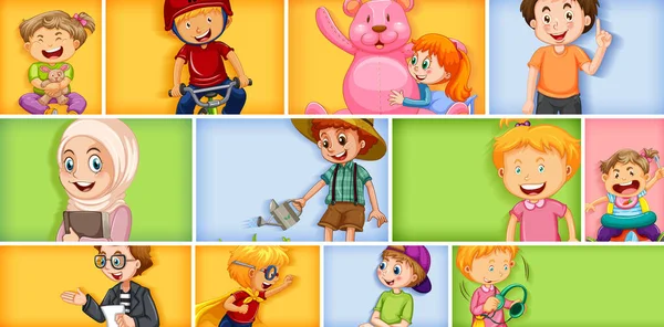 Conjunto Diferentes Personajes Infantiles Diferentes Ilustraciones Fondo Color — Vector de stock