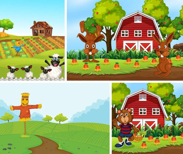 Conjunto Diferentes Cenas Fazenda Com Ilustração Estilo Desenho Animado Fazenda —  Vetores de Stock