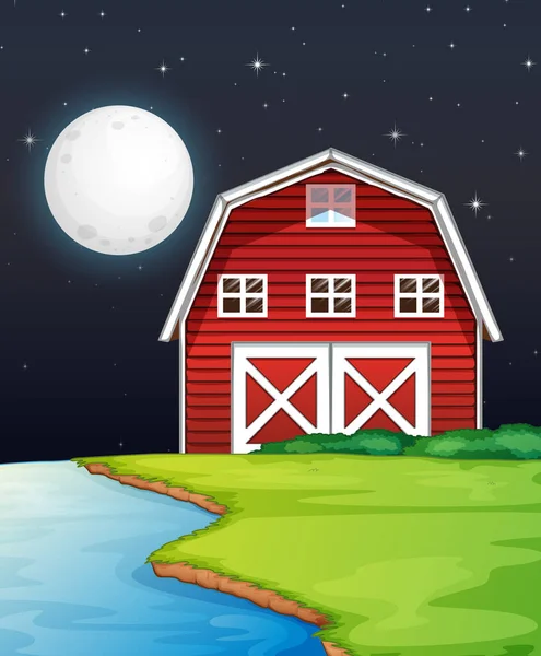 Scène Ferme Avec Grange Côté Rivière Nuit Illustration — Image vectorielle