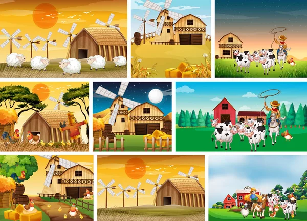 動物農場の漫画スタイルのイラストと異なる農場のシーンのセット — ストックベクタ