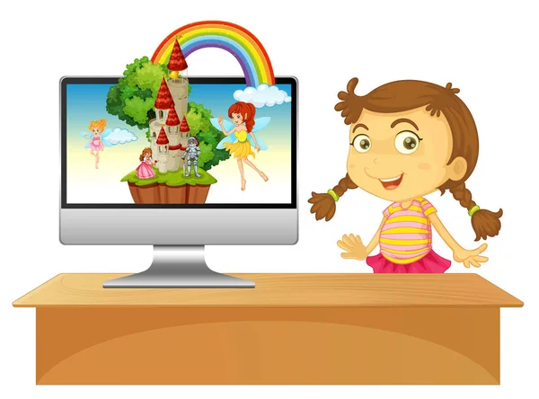 Glückliches Mädchen Neben Computer Mit Burg Desktop Bildschirm Hintergrund Illustration — Stockvektor