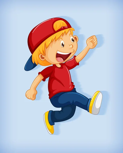 Cute Boy Wearing Red Cap Stranglehold Walking Position Cartoon Character — Stock Vector