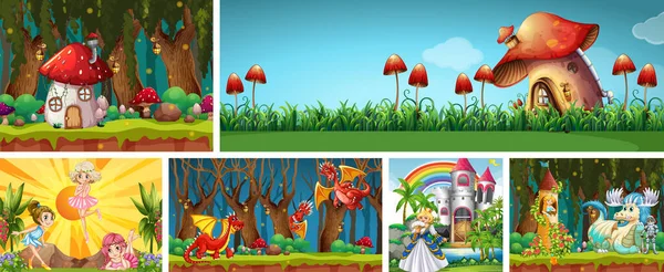 幻想世界的六个不同场景 有幻想的地方和幻想的人物 如龙和蘑菇屋的插图 — 图库矢量图片