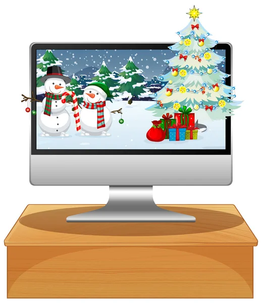 Υπολογιστής Στο Τραπέζι Χριστούγεννα Desktop Εικονογράφηση Φόντου — Διανυσματικό Αρχείο