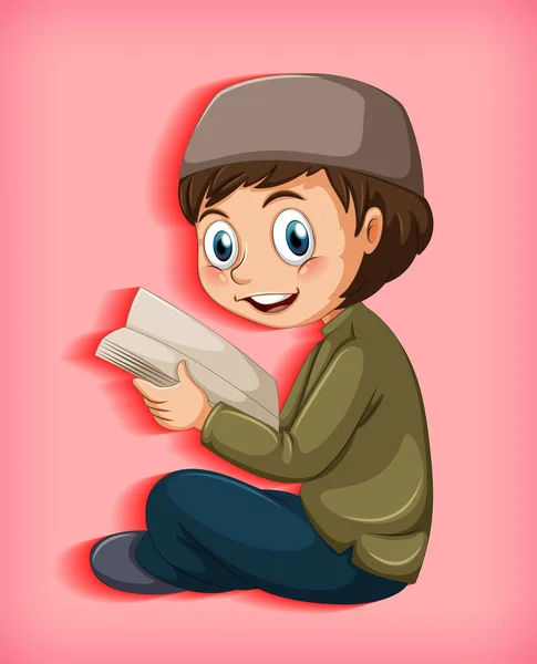 Muslim Kid Reading Books Illustration — Stock Vector