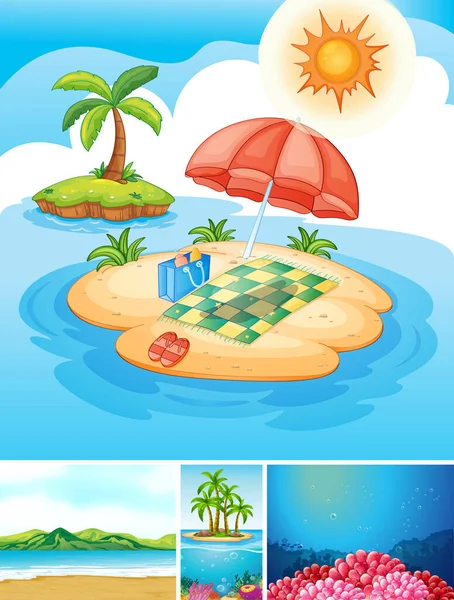四个不同的热带海滩和水下场景 并附有海神的图解 — 图库矢量图片