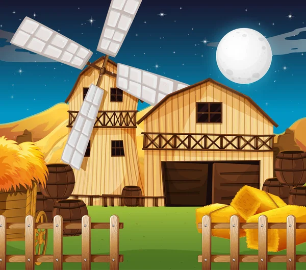 Farm Scene Barn Mill Night Illustration — Stock Vector
