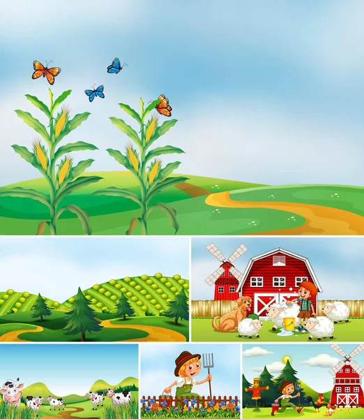 Набор Различных Фермерских Сцен Иллюстрацией Стиле Мультфильма Животных — стоковый вектор