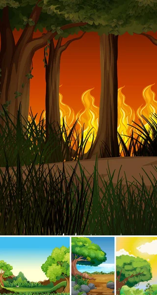 Quattro Diverse Scene Disastro Naturale Illustrazione Stile Cartone Animato Foresta — Vettoriale Stock