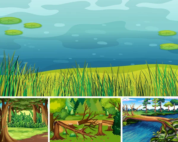 Quatro Cena Natureza Diferente Floresta Pântano Desenho Animado Estilo Ilustração — Vetor de Stock