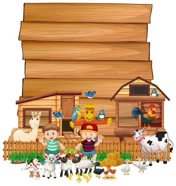 Blanco Houten Bord Met Dierenboerderij Set Geïsoleerde Illustratie — Stockvector